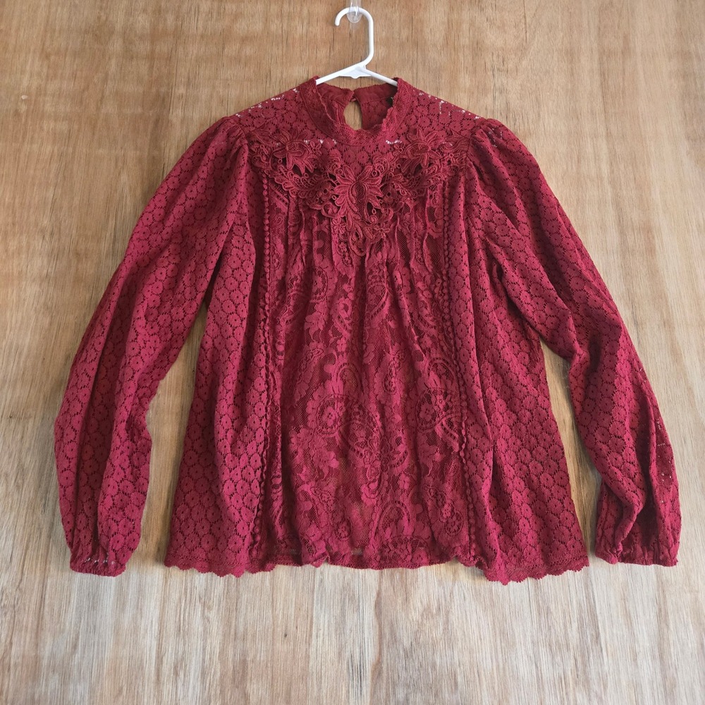 Whimsigoth Crochet Burgundy Red Floral Lace Mock Blouse Top Boho Cottagecore